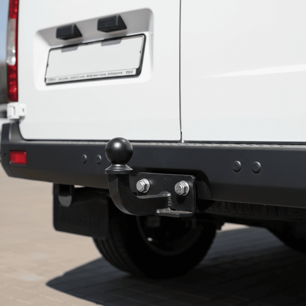 Крупный план задней части белого фургона ГАЗ-3302 Газель Бизнес с установленным фаркопом. 