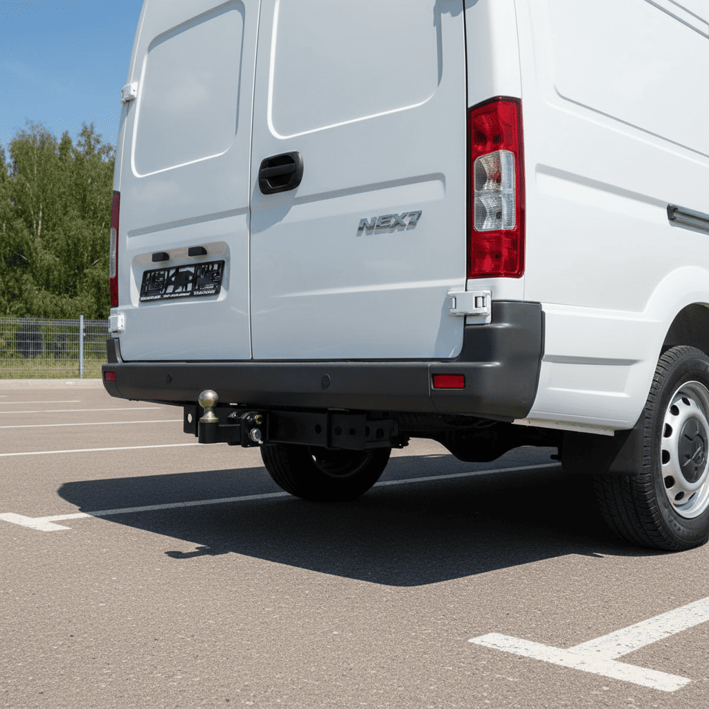 Крупный план задней части белого фургона ГАЗ-3302 Газель Бизнес с установленным фаркопом.