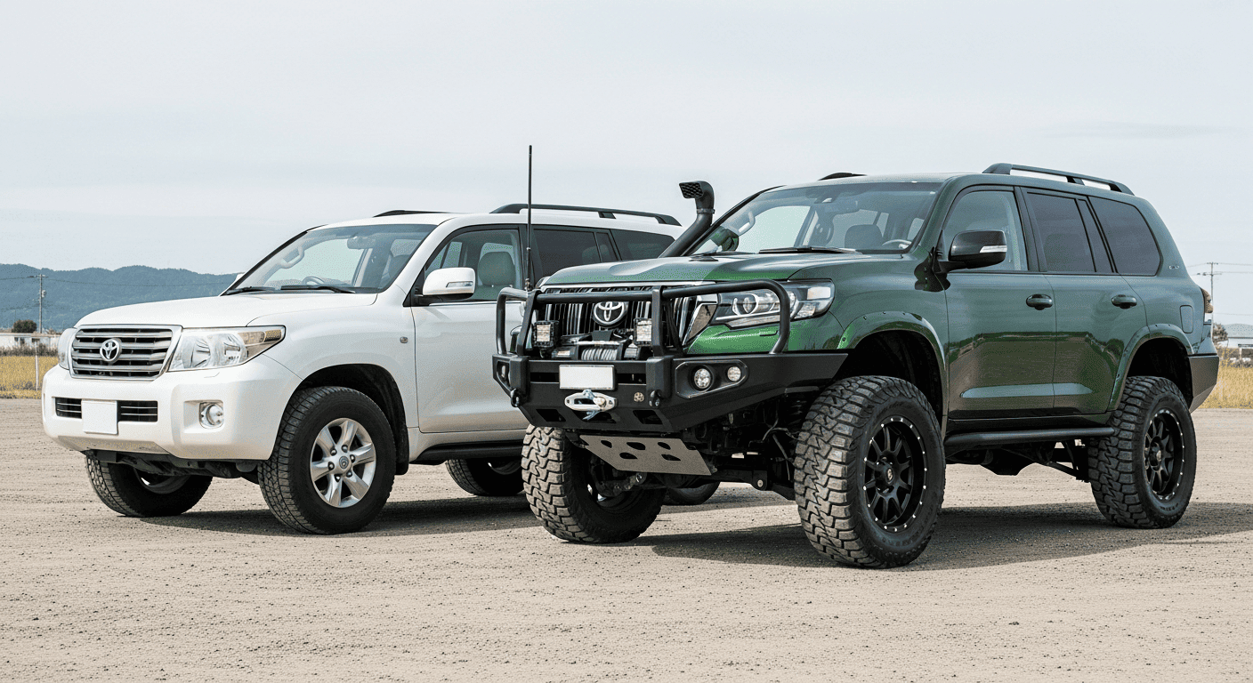 Внедорожник Toyota Land Cruiser в заводском состоянии рядом с тюнингованным внедорожником с лифт-кит, силовыми бамперами и большими колёсами, сравнение на открытой площадке.